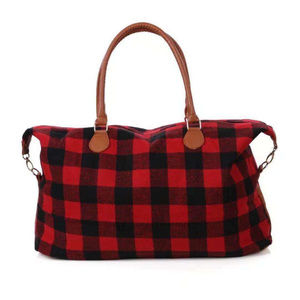 Large Red and Black Buffalo plaid print tote bag